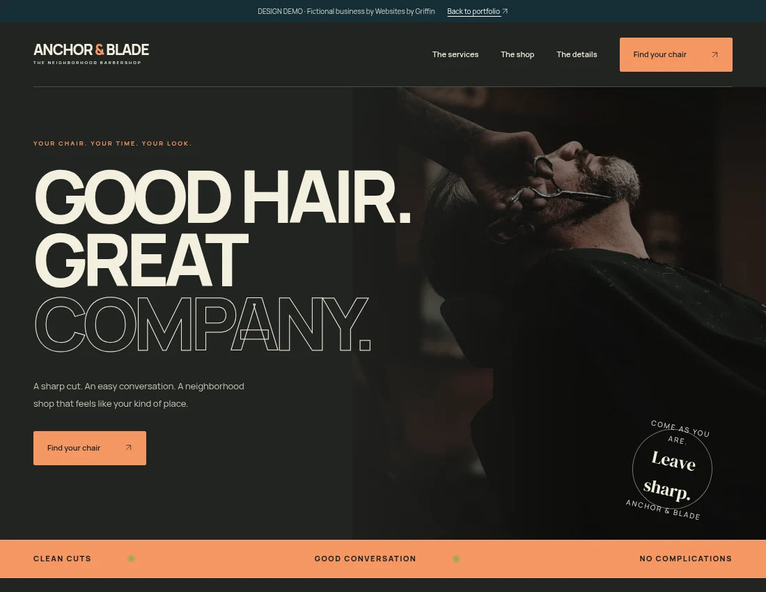 Anchor and Blade concept: a bold black and orange barbershop website
